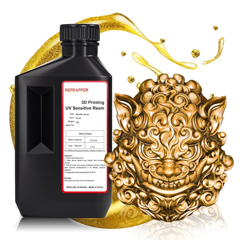 RepRapper Store Brass MetalShift 3D Printer Resin 405nm Fast UV-Curing Standard Photopolymer 3D Printing Resin with Metallic Shine for LCD Printer, Gilded Glow 1000g - Image 1